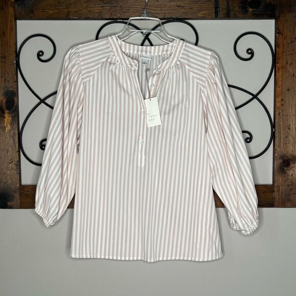 A New Day Taupe striped Balloon Sleeve Quarter Button Blouse XL - Picture 2 of 13